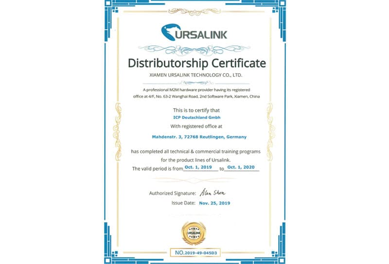 Ursalink 2019 - Distributorship Certificate